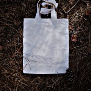 white paper bag on brown grass