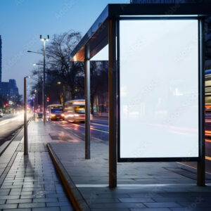 Blank white vertical digital billboard poster on city street bus stop sign at nigh. Street advertising bus stop mockup